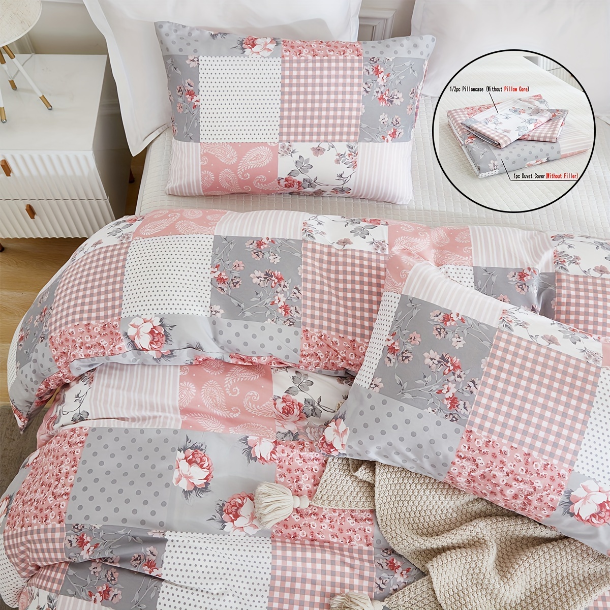 

3pcs Polyester Flower Checkered Printed Duvet Cover Set, Soft And Breathable Bedding For Bedroom Decor, 1 Duvet Cover And 2 Pillowcases Without Core, American Countryside Fresh Style