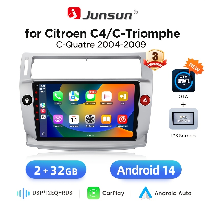 Junsun 14 Brezžični Carplay za iPhone | 2+32Gb Avtoradio z Wifi, GPS Zaslon na Dotik Multimedijski za Citroen C4 C-Triomphe C- 2004-2009, USB