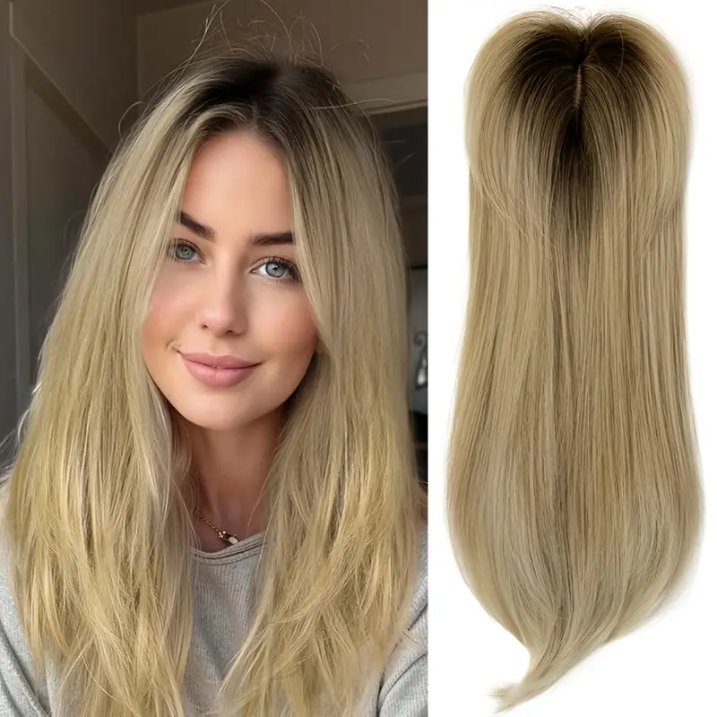 22 inch approximately 55 golden and blonde mixed synthetic hairpiece with a base clips suitable for thinning hair and gray hair loss details 1