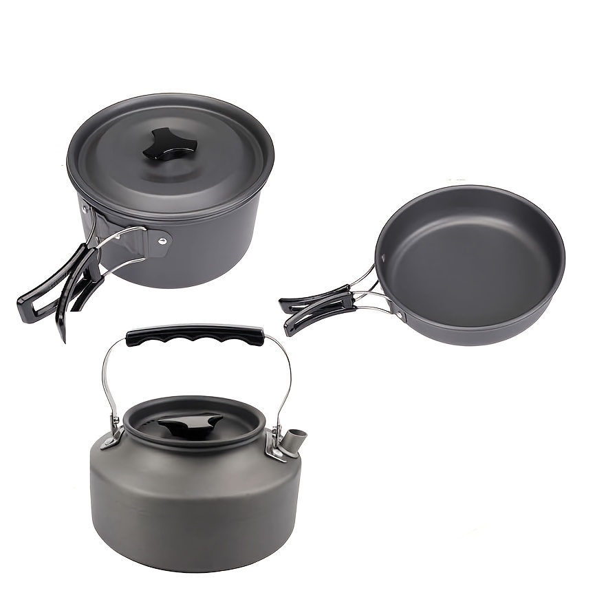 TEMU Camping Cookware Set With 2-liter Pot, 1.1-liter Kettle And Flat Bottomed Pot | Lightweight Backpack Set, Hard Anodized Aluminum Pot, Storage,