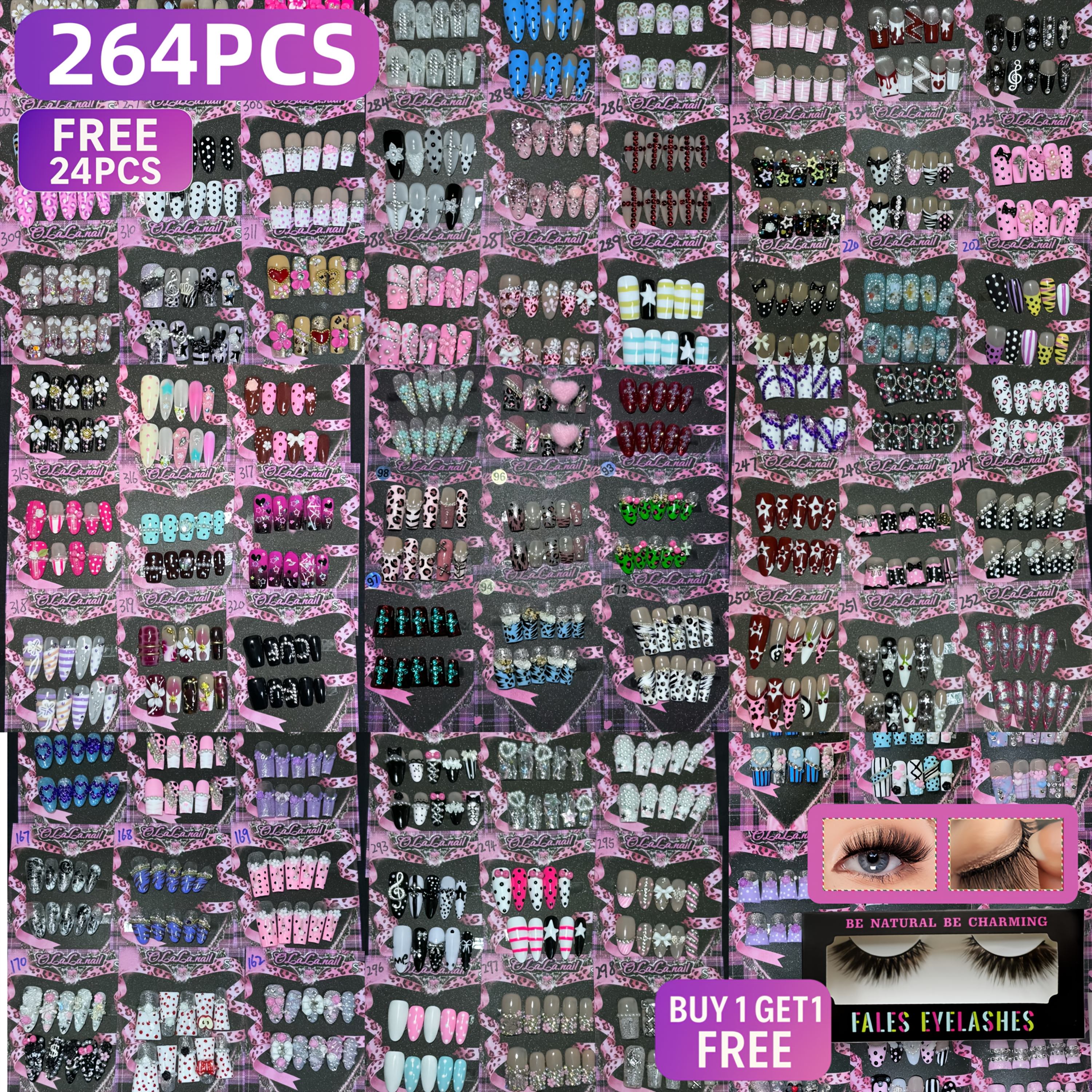 TEMU 264pcs+24pcs Nail Art Set Featuring Stylish Designs Including, Rhinestones, Hearts, And Patterns In Nude, Pink, And Mixed Colors. Perfect For Any Occasion. Reusable, Easy To Apply