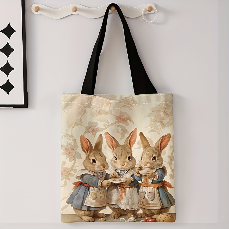 

1 pc, Sac Fourre-Tout Imprimé Lapin - Sac à Épaule de Shopping Réutilisable et Élégant avec Motif Floral, Parfait pour Décontractées ou les Courses