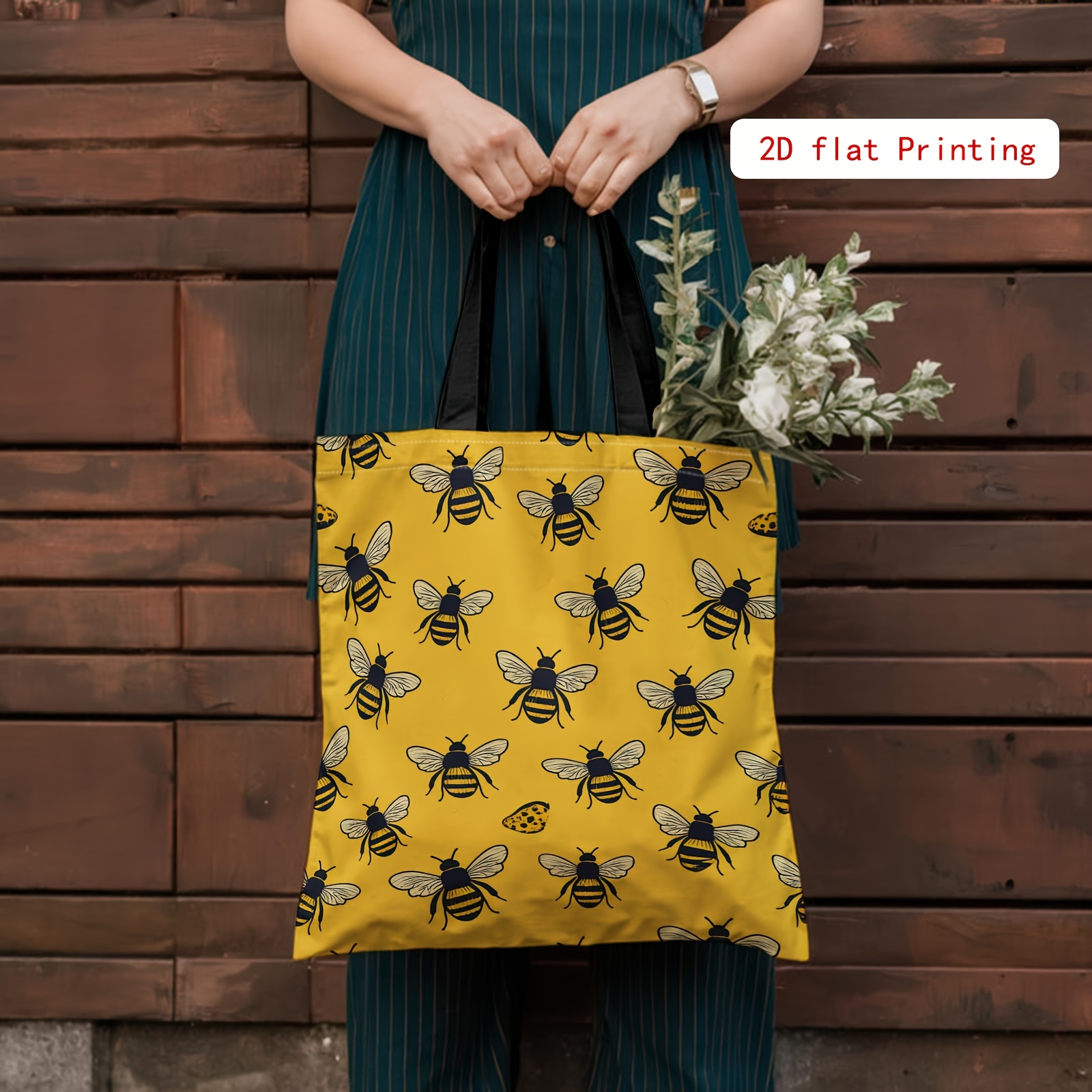 TEMU 1pcbee Pattern, Yellow Background Women' 2d Printed Double-sided Shoulder Bag, Large Capacity Reusable Shoulder Bag, Suitable For Shopping And