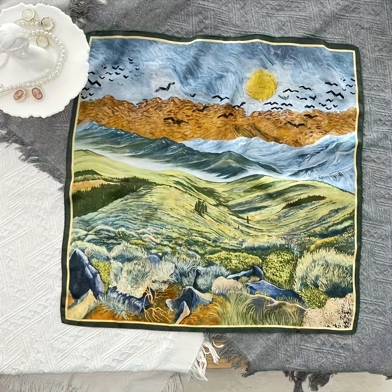 TEMU Square Scarf - 100% Silk, Stylish And Elegant Floral Oil Painting Design, Soft And Comfortable Fabric, Suitable For Formal Events And Decorative