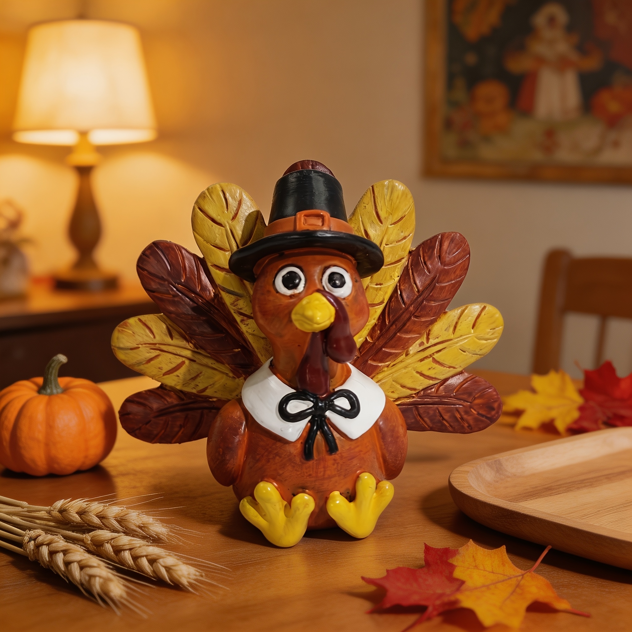 TEMU 1pc Thanksgiving Turkey Statue, Turkey-shaped With Hat And Bow Tie, Resin Craft Sculpture, Desktop Decoration, Suitable For Indoor Kitchen