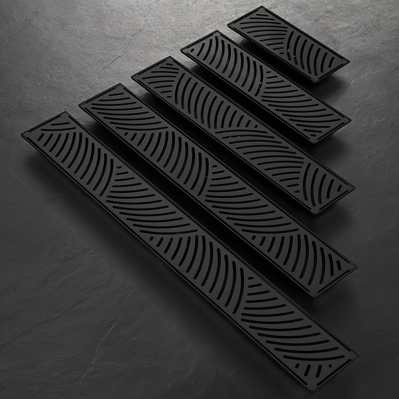 Black Stainless Long Floor Drain for Hotel Bathrooms, Rectangular Design with High Drainage Capacity, Elongated Hidden Odor-Proof Drain Featuring Wheat Ear Patterns