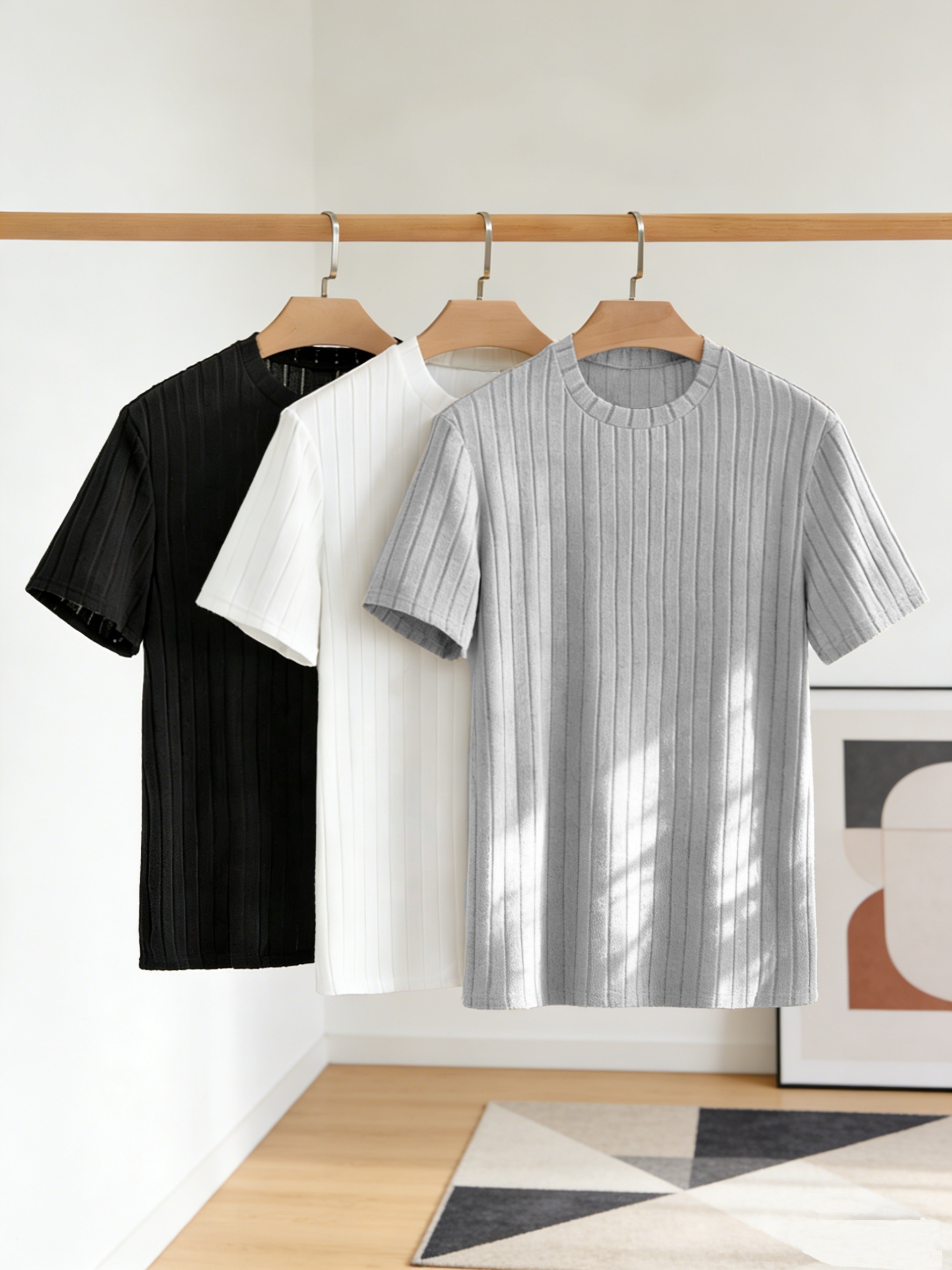 Men'S Casual Easy Style 3-Color Vertical Striped Knit Round Neck Short Sleeve T-Shirt 3pcs Set, Daily Commute Leisure Multi-Scene Outfit Top Combination