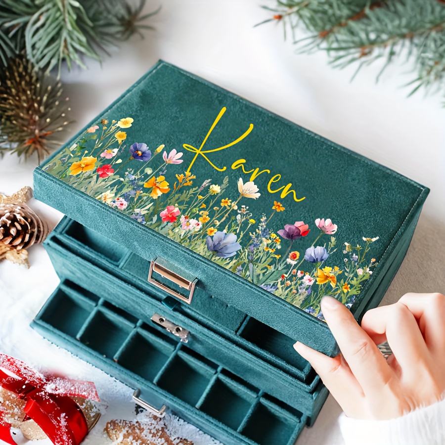 

[compact Size] Personalized Floral Velvet Jewelry Box For Women - Customizable Green Jewelry Organizer With Drawers, Perfect Valentine’s Day Gift Or Keepsake, Jewelry Gift Box