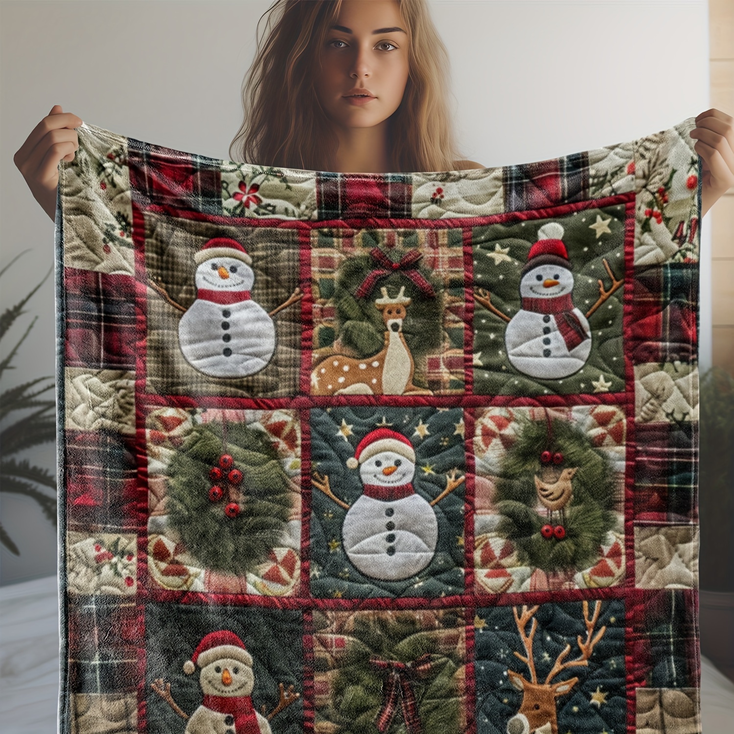 TEMU Couverture en flanelle imprimée plaid holly homme de neige vintage - Doux, Confortable et Chaleureux, Couverture polyvalente pour tous les