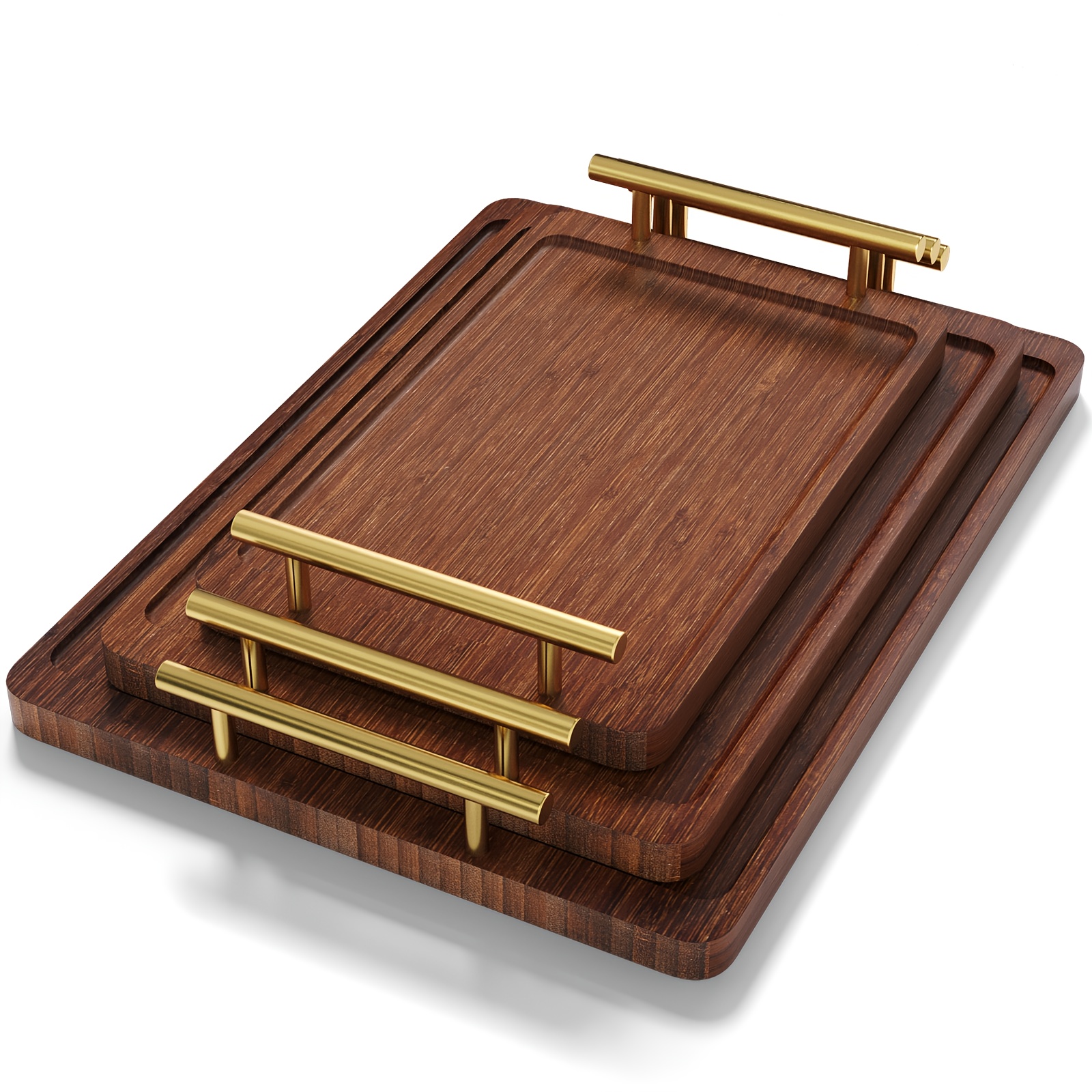 1pc/1 Set Of 3 Golden Handle Brown Tray Light Luxury Storage Bamboo Teacup Tray High-end Sense Household With Exquisite Metal Handle Tray