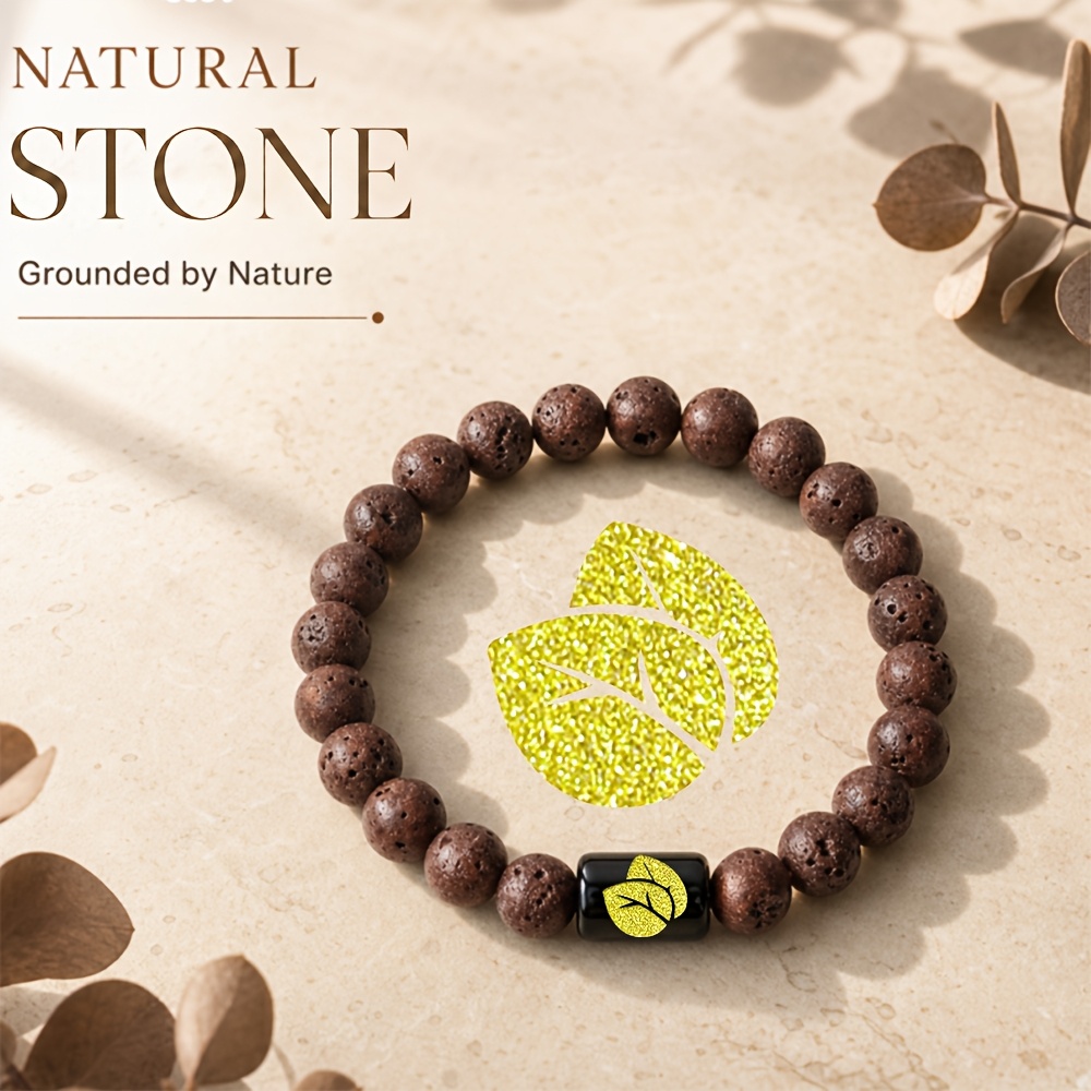 Natural Stone Beaded Bracelet with Golden Leaf Accent