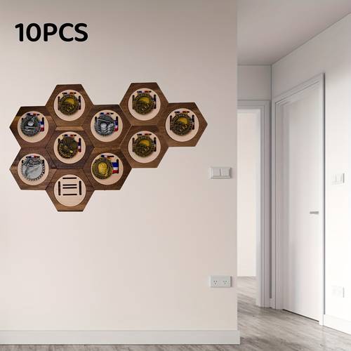 rustic wooden medal racks hexagonal wooden medal display racks decorative boxes 1 3 7 10pcs magnetic recycled wood wall organizer rustic decor for kitchen office sports trophies awards no power required brown