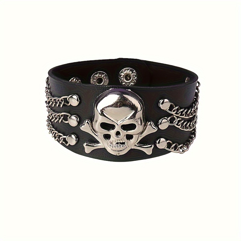 

Gothic Skull Chain Bracelet, Vintage Punk Pu Leather Wristband, Nightclub Fashion Accessory For Men And Women, Cool Stuff