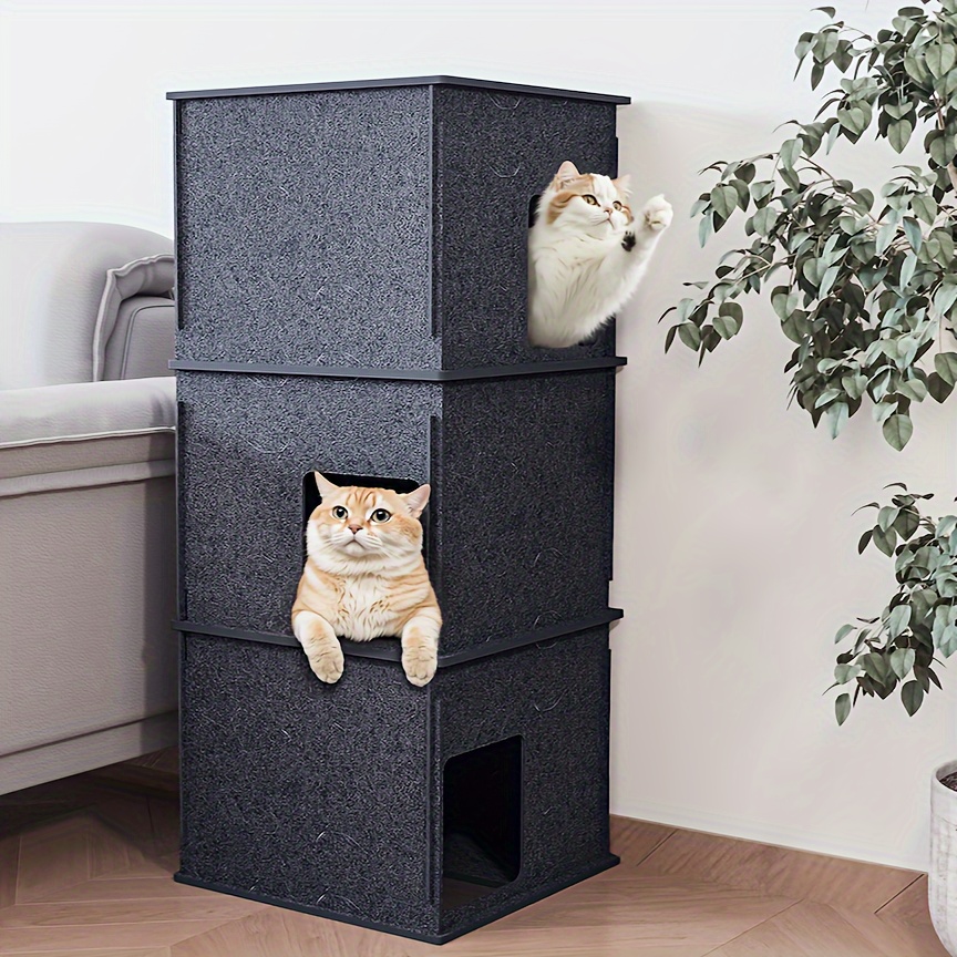 

3 Tier Cat House For Indoor Cats, Felt Cat Litter Box, Cat Tunnel, Removable Cat Hideaway Den With Interactive For Multiple Cats Comes With 3 Small Toys