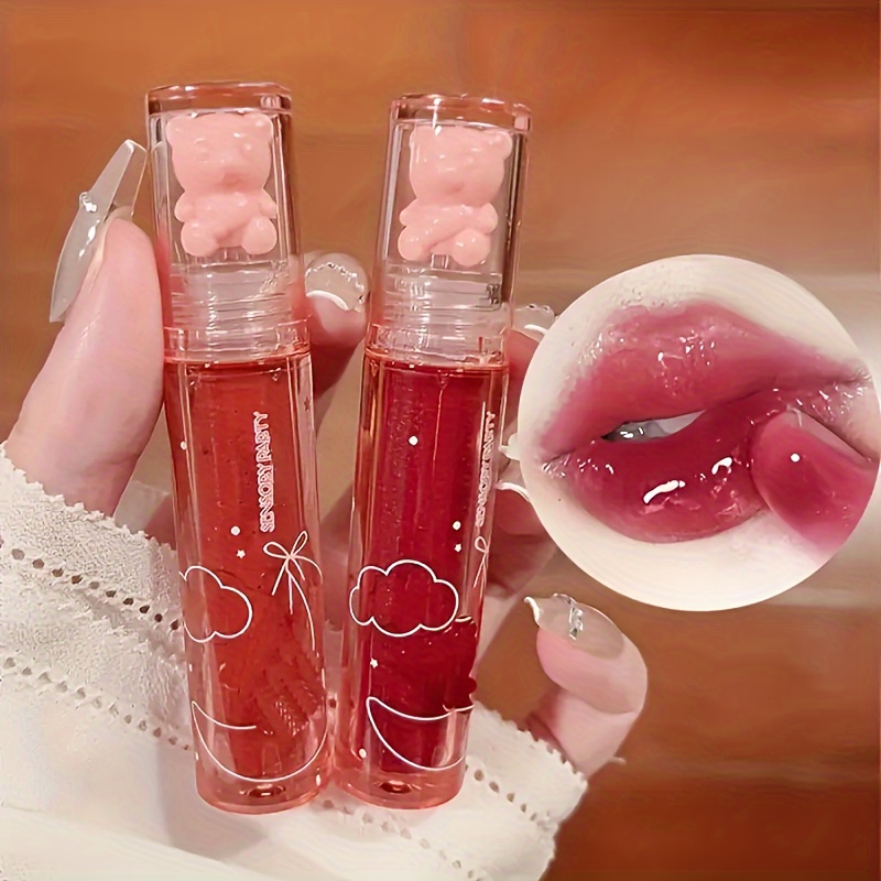 3pcs set strawberry bear cherry lip gloss cute bear     jelly lip with sparkling dew durable waterproof and stain resistant transparent film   lip gloss full lip color a good gift for women valentines day gifts for halloween