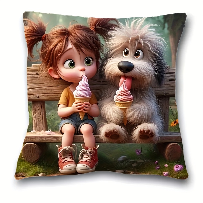 TEMU 1pc Ice Cream Girl And Her Dog Plush Pillowcase, Single-sided Print, Soft Polyester Fabric, 18*18 Inches, Zipper Closure, Machine Washable,