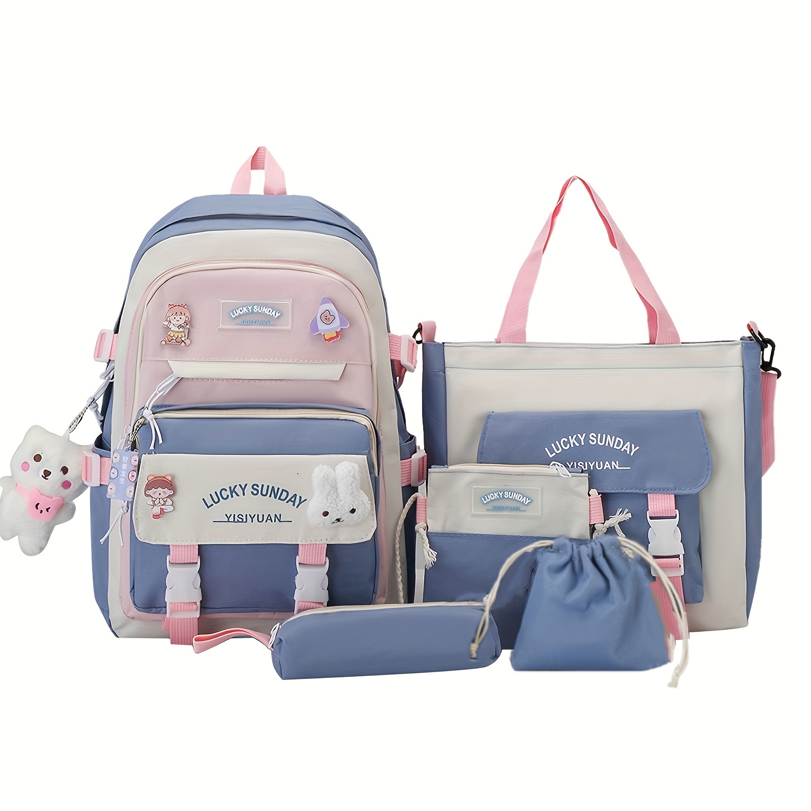 

5pcs Set, Stylish Oxford Fabric School Backpack, Large Capacity Lightweight Bag With Cute Bear Pendant & Matching Accessories
