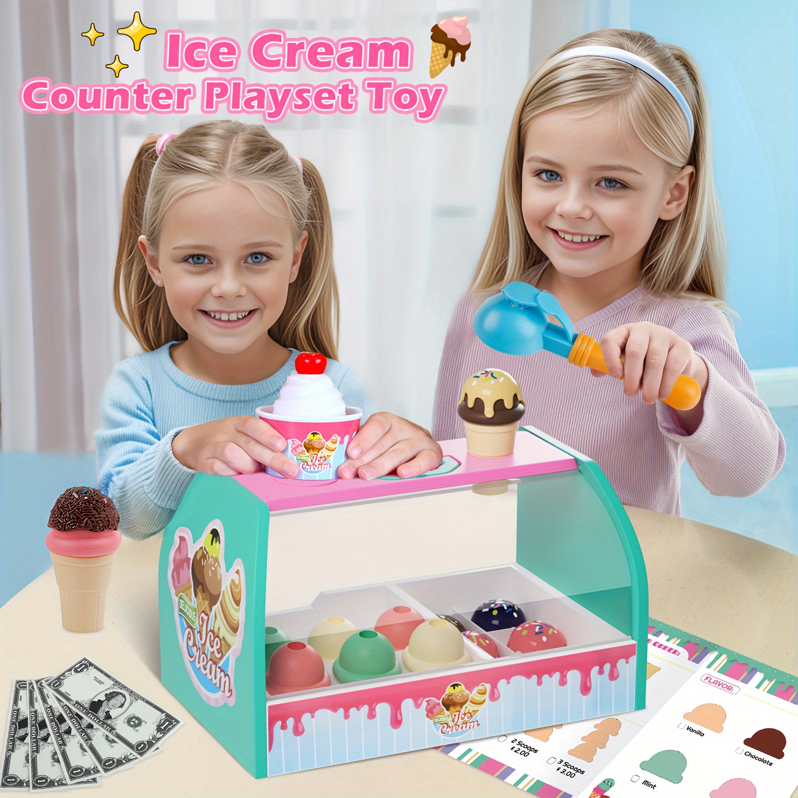 

Ice Cream Counter Playset For Kids, Pretend Play Best Gift For Girl Or Boy, Play Food Scoop And Serve, Toddler Toy