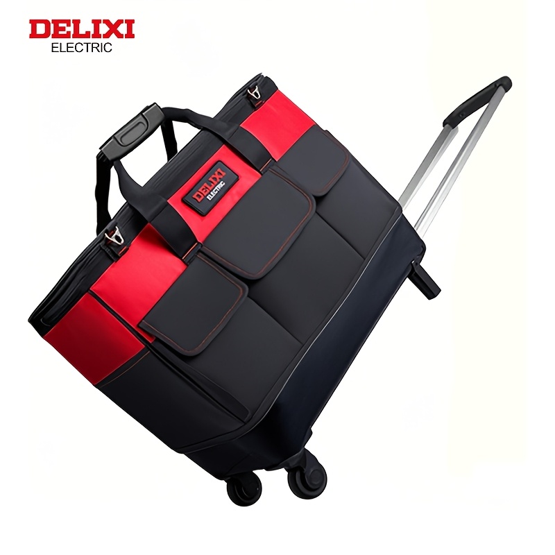 electric 18 inch rolling tool bag with wheels reinforced plastic base large capacity multi heavy duty storage for hardware tools ideal for electricians carpenters repairs fabric