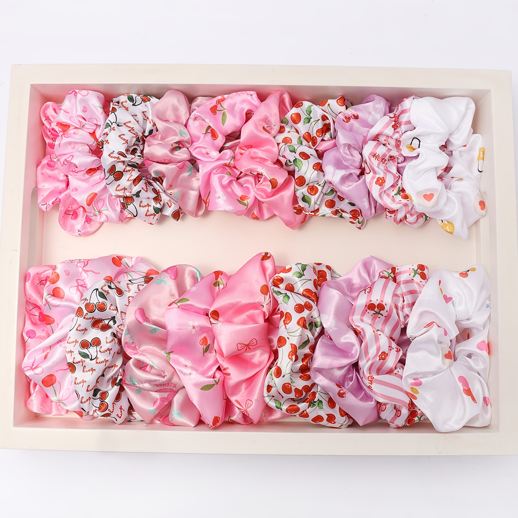 TEMU 20pcs/12pcs Cute Sweet Cherries, Hearts, Bow Prints Large Elastic Hair Scrunchies, Satin Hair Ties Suitable For Women's Gifts, Daily Party