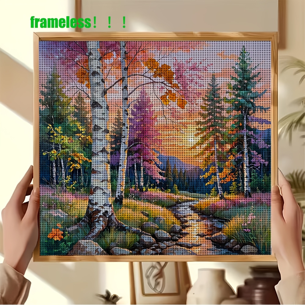 Streamside Colorful Forest Sunset Cross Stitch Printed Kit for Beginners