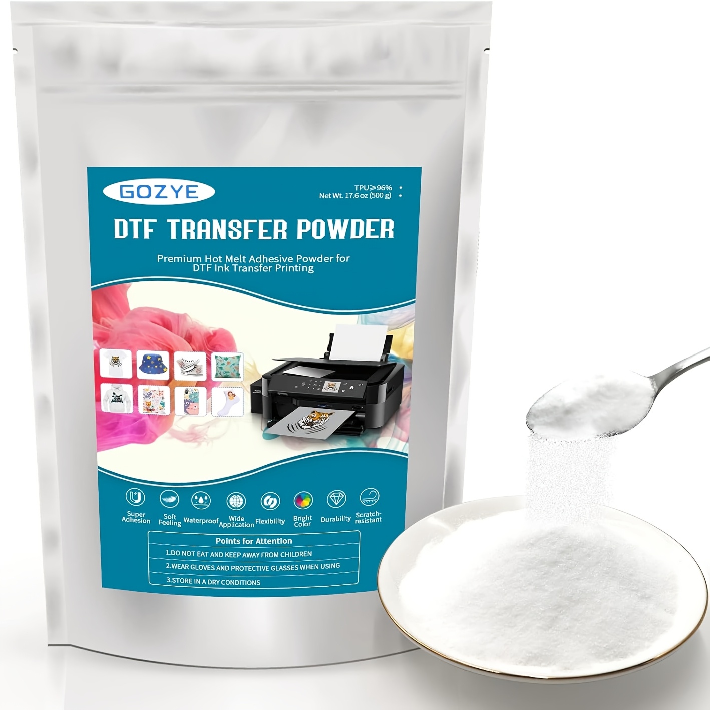 TEMU Poudre de Transfert DTF - 500 g/17,6 oz Poudre Adhésive Thermofusible Blanche pour Impression Numérique sur Film Préchauffée, Fournitures d'