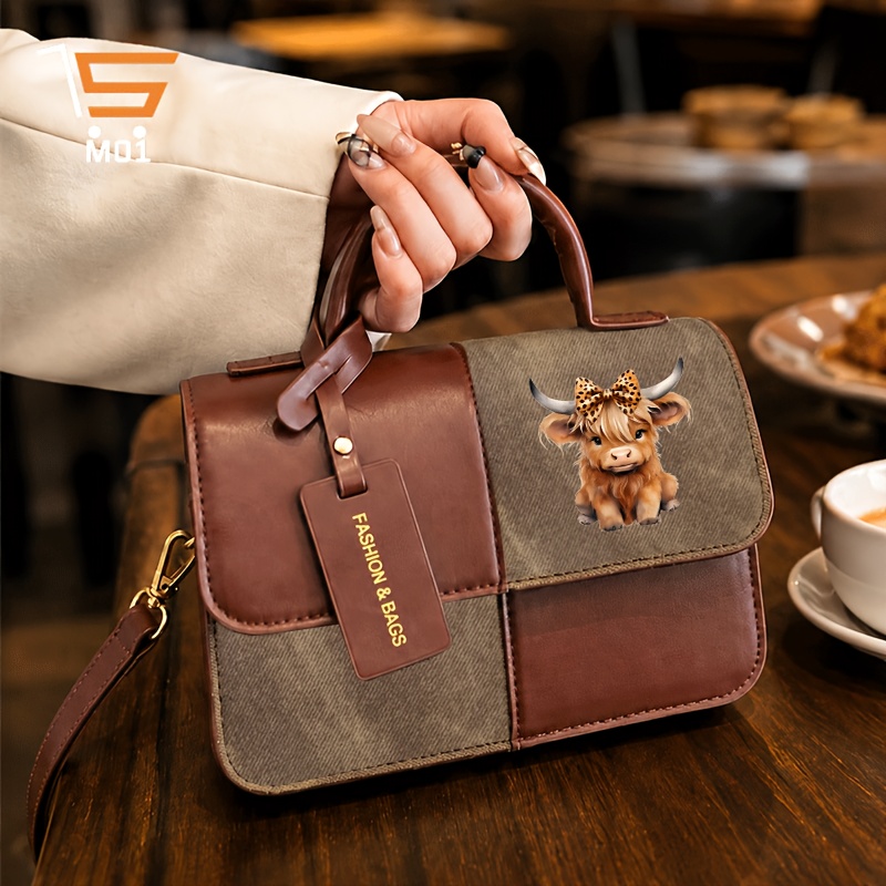 TEMU 1pc Highland Cow With Leopard Print Bow Pattern Print Women's Handbag With Magnetic Closure Elegant Square Tote With Detachable Shoulder Strap