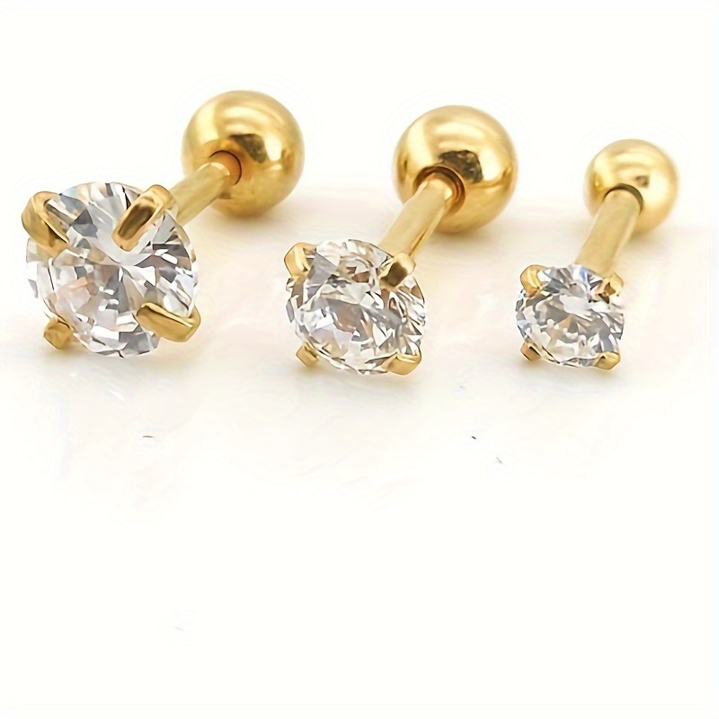 

3-pairs Set, 18k Gold Plated Stainless Steel, Round Ball Twisted 4-prong Set Cubic Zirconia Stud Earrings, Simple Style