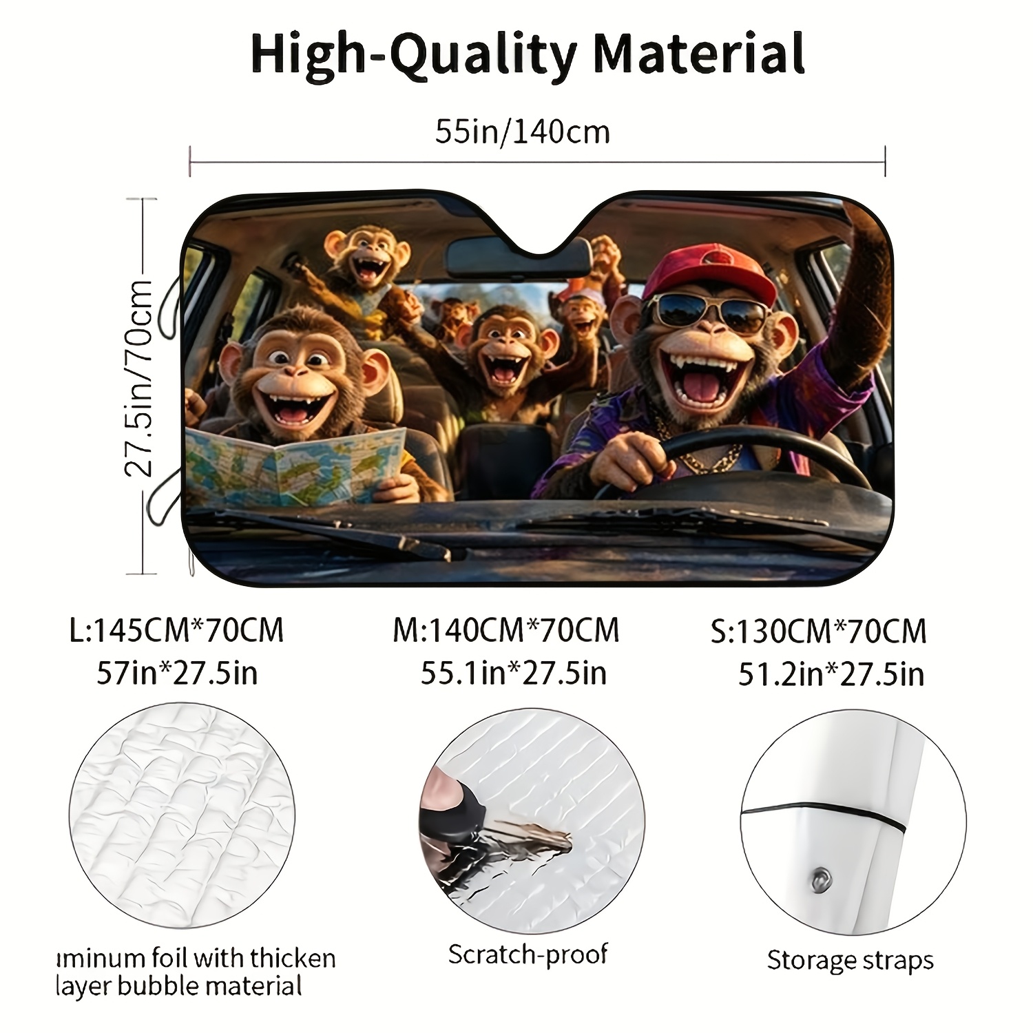 TEMU 1pc Hip-hop Style Monkey Character Car Windshield Sun Shade, Featuring A "monkey Outing" Printed Pattern, With Uv Protection, Stylish Design And