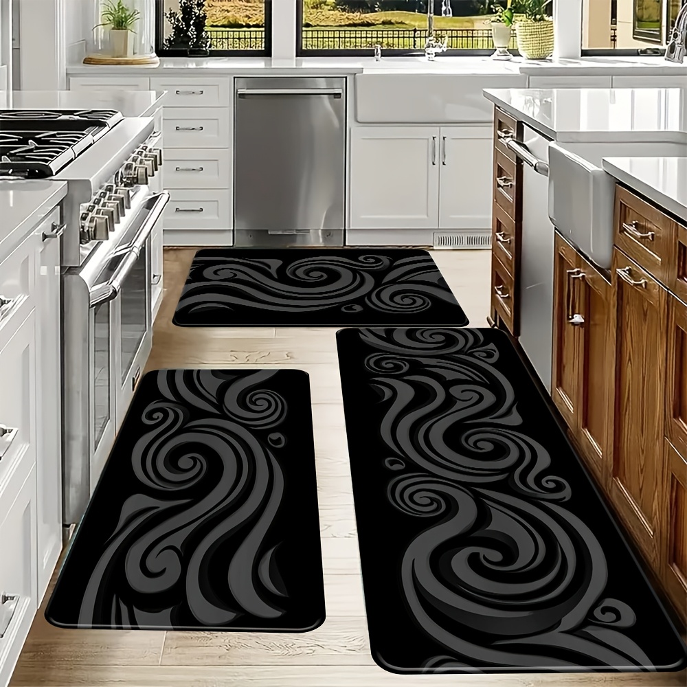 TEMU 3pcs Kitchen Set Floor Mat, Kowhaiwhai Maori Black Pattern Durable Kitchen Mat, Rectangular, Easy To Clean, Kitchen, Bathroom, Dining Room,