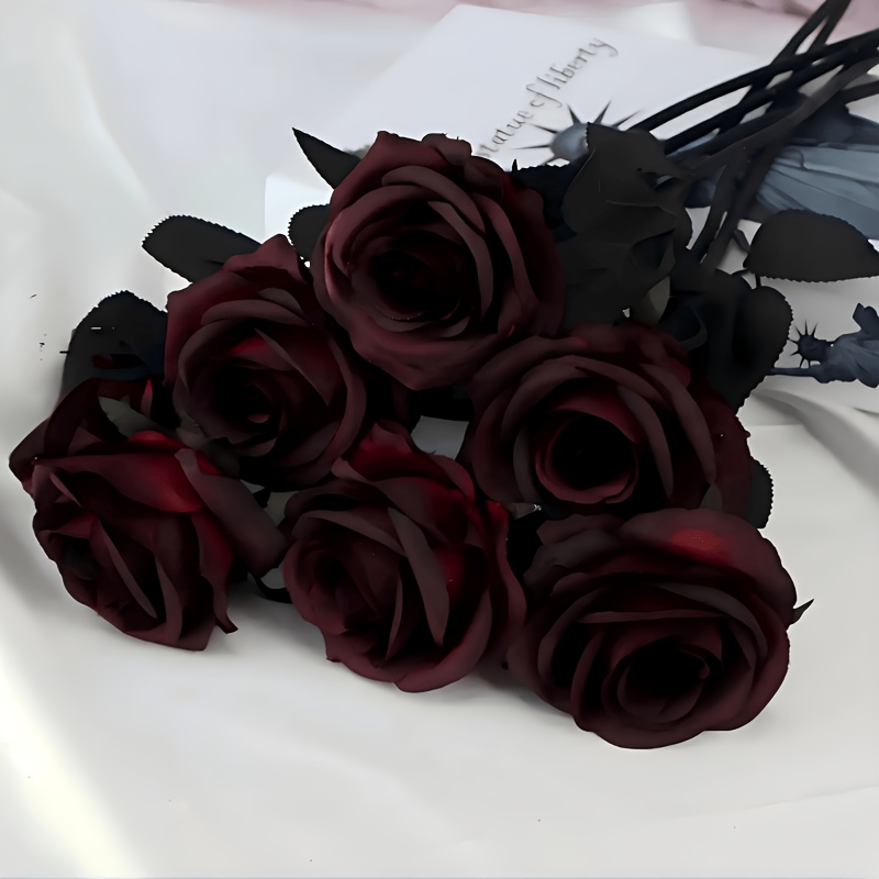 6pcs Wine Red Simulation Rose Bouquets | Long-stem Fabric Flowers Home Decoration | Suitable For Wedding, Engagement, Christmas, Halloween, Valentine's Day And Mother's Day Occasions | No Containers