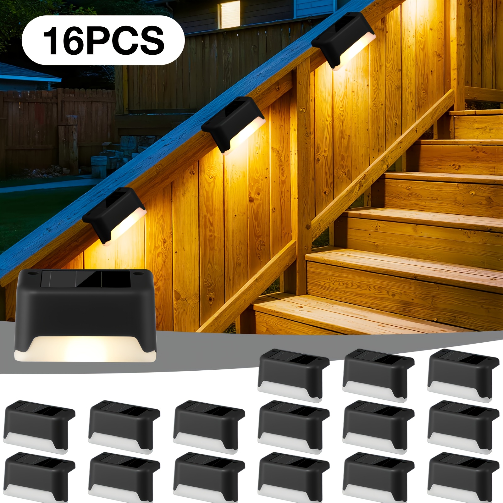 TEMU Lot de 16/32 lampes solaires de terrasse d'extérieur, lampes solaires LED pour marches avec jusqu'à 12 heures d'éclairage blanc chaud, IP44,