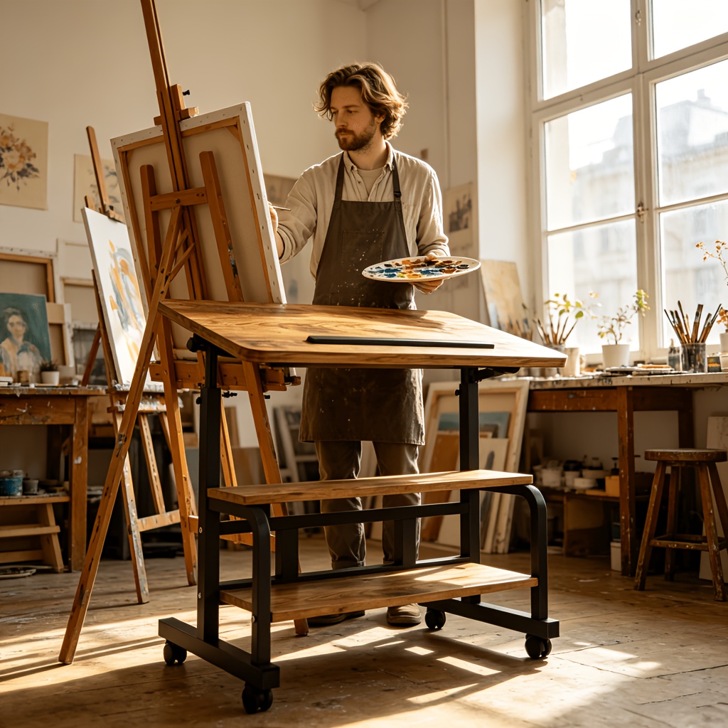 Portable Height Adjustable for artist Desk, Natural Wood Grain Surface with Anti-Slip Edge, Sturdy Metal Frame And Smooth Wheels, 2-Tier Storage for Art Supplies, Perfect for Drawing Painting Creation