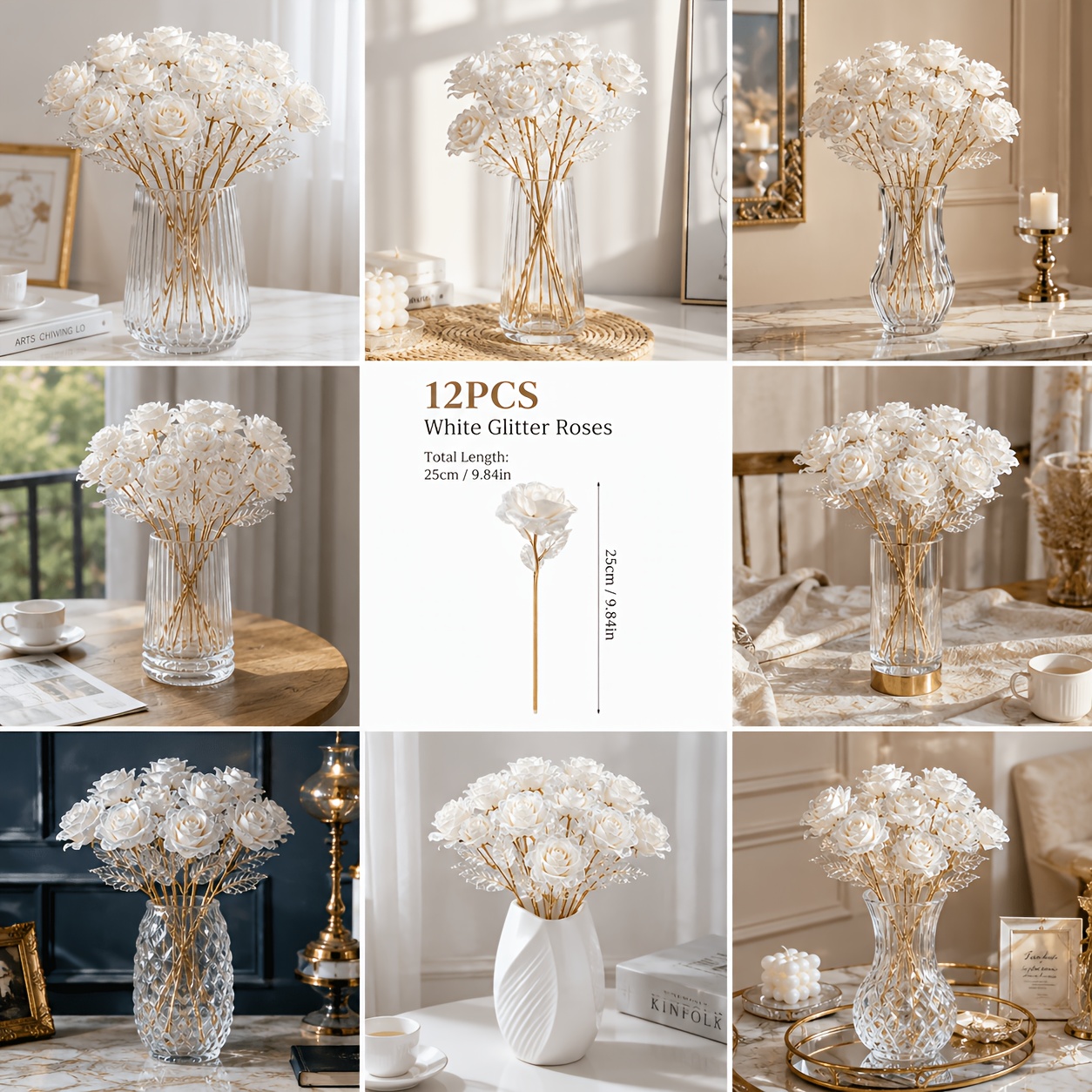 TEMU Paquete de blancas deslumbrantes de eterna, clásicas artificiales, ramo de rosas realista. Adecuadas para , Día de la , Pascua, celebraciones de