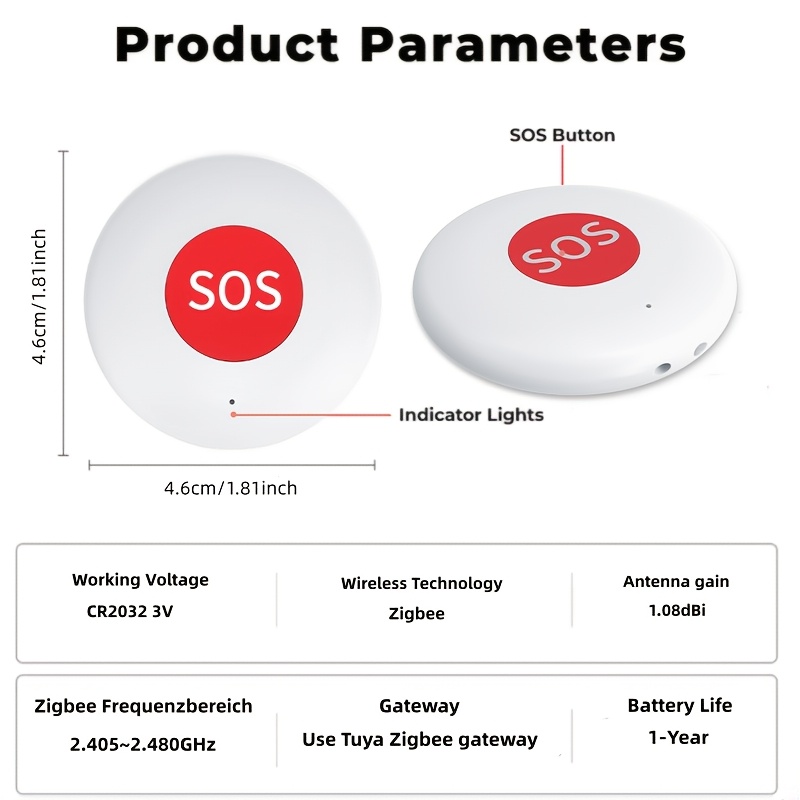 Tuya Zigbee Slimme Draadloze Paniekknop, Geschikt voor Ouderen, Zwangere Vrouwen, SOS-alarmsensor voor Verpleeghuis, Noodalarm met Één Knop, Pieper, Mobiele APP Ontvangt Meldingen in Realtime, Werkt op Batterijen, Bediening via Smart Life APP