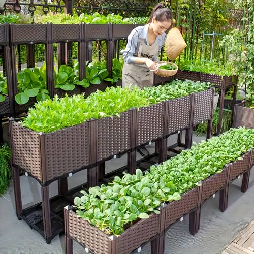 large outdoor garden planter box durable plastic raised bed for flowers vegetables and herbs lightweight vintage style with striped pattern square shape suitable for courtyard balcony or deck gardening