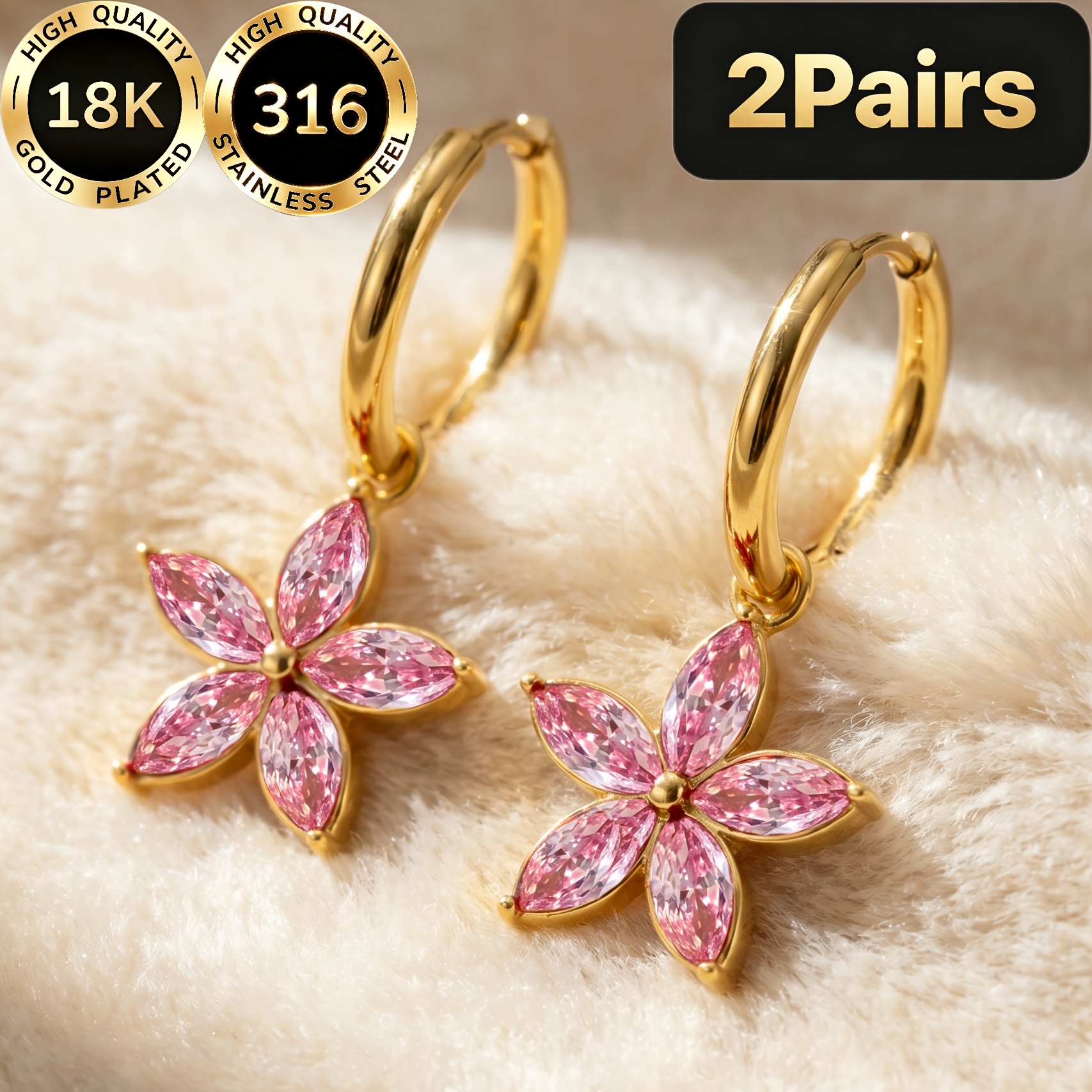 TEMU A Pair Of High-quality Steel 18k Gold-plated Hypoallergenic Earrings With A Five-leaf Clover And Five-petal , With Pink Synthetic Synthetic