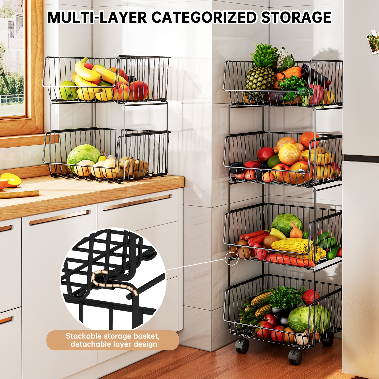 Four-Tier Elevated Stackable Basket Cart for Kitchen Supplies