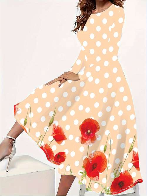 Abito Da Donna Casual Taglie Forti Con Scollo A V E Stampa Floreale, Maniche Lunghe, Ideale Per Primavera Estate