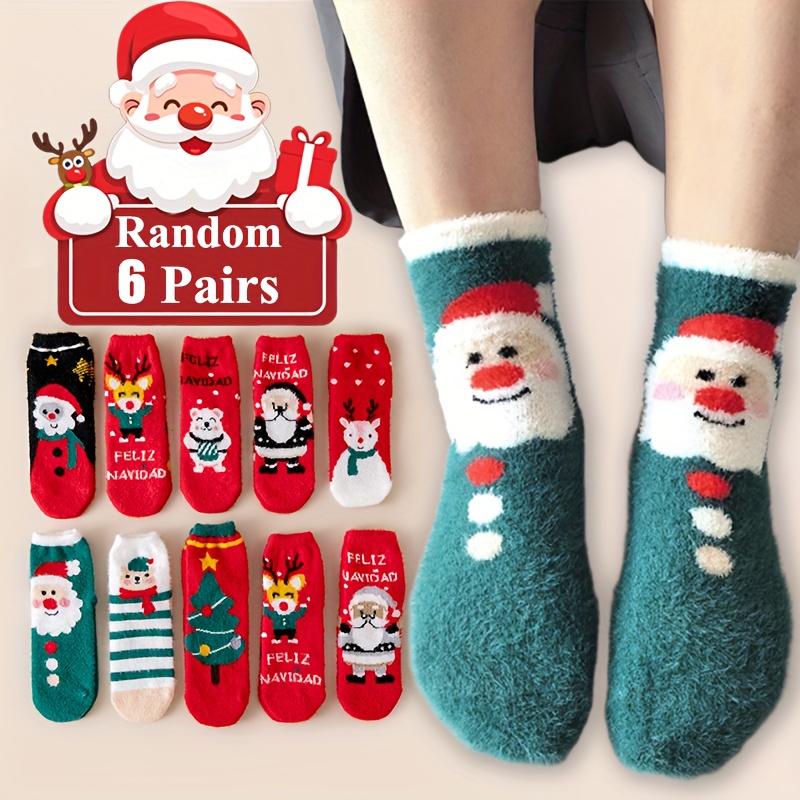 TEMU Random 6 Pairs Autumn Winter New Warm Sweat-absorbing Easy All-match Christmas Ruffle Santa Claus Unisex Mid-calf Socks, Sweat-resistant