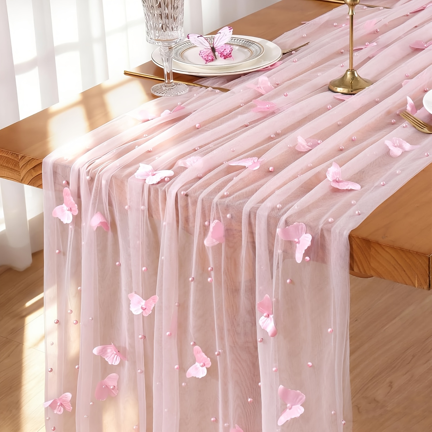 Pearl Pink Gauze Table Runner With 3d 120in 10ft Seasonal Sheer Tulle Table Runners Mesh Lace Fabric Runner For Wedding Bridal Shower Party Holiday Dining Table Decor Craft