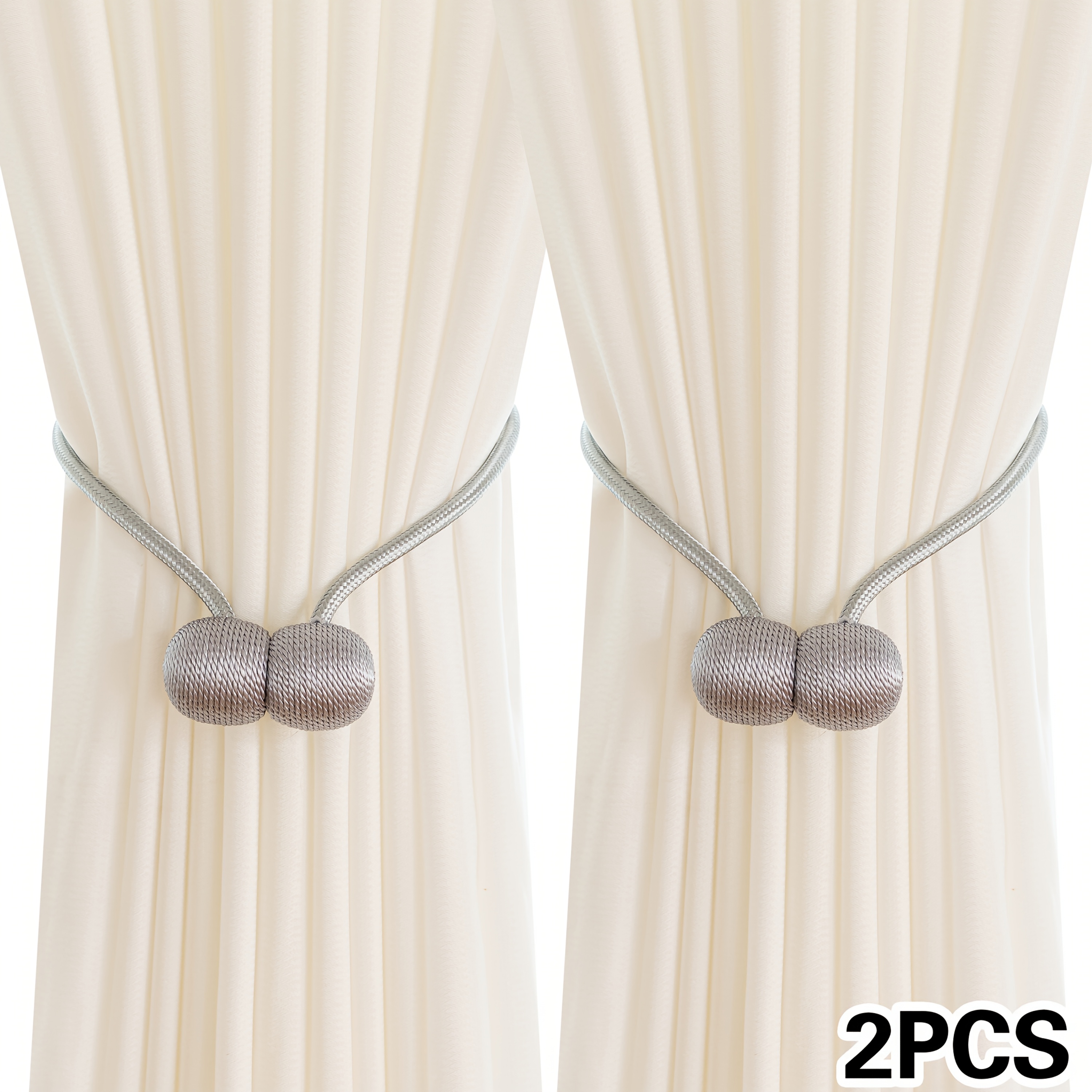 A Set of Two Modern Minimalist Magnetic Curtain Ties Is on, Featuring Thicker Twisted Ropes And Flexible Magnetic Ties. They Are Durable, Easy to Install, And Do Not Require Drilling, Making Them Perfect for Bedroom And Living Room Decor