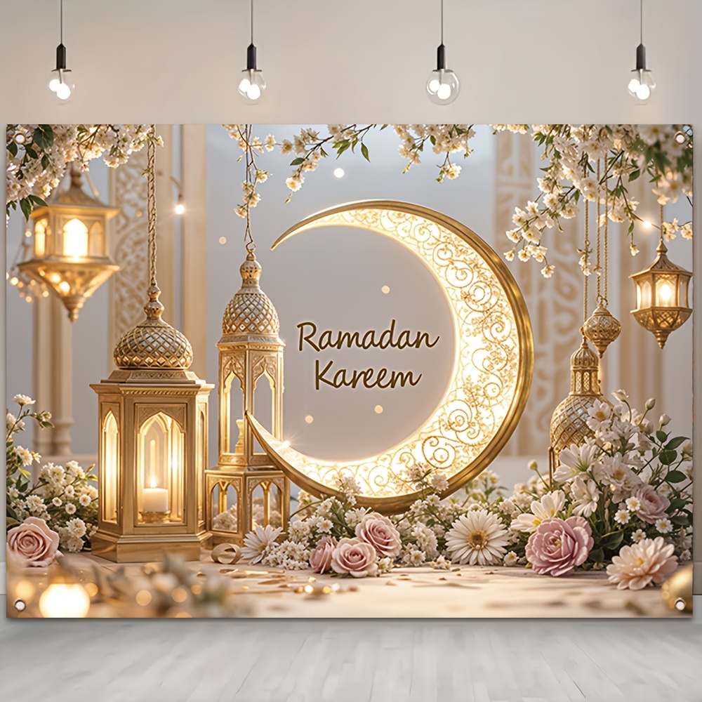 

1pc Elegant Ramadan Banner, Polyester Golden And Lantern Design, Wall Decor For Room And Party, Home Decoration For New Year And Eid Al-fitr Celebrations