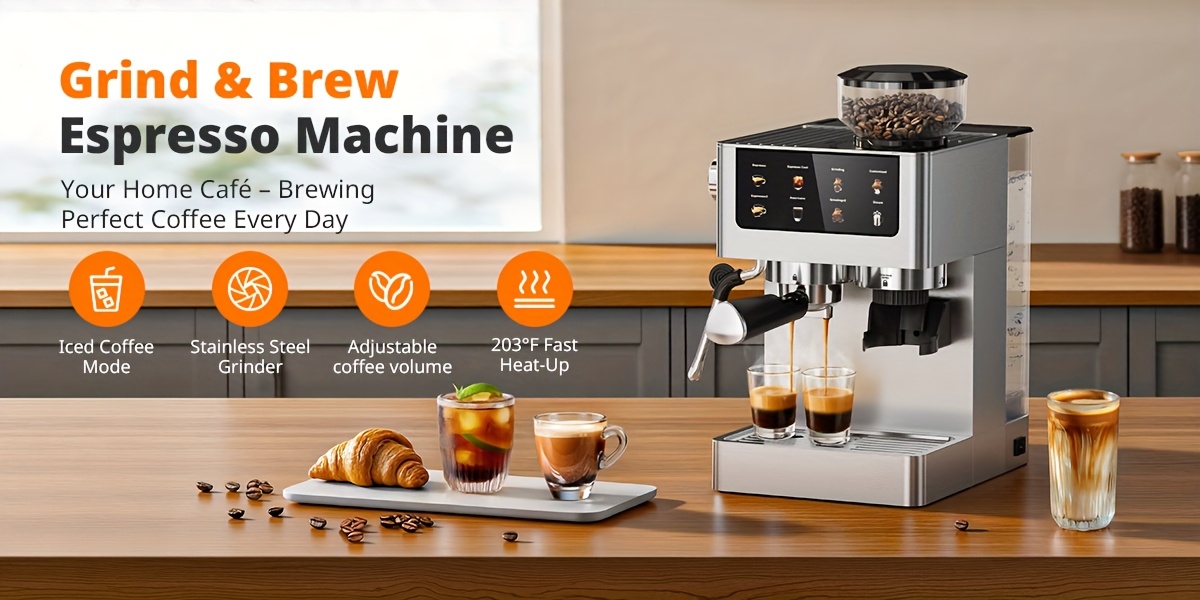 20Bar Italian Espresso Machine, Featuring a Conical Burr Grinder, a Steam Wand for Frothing Milk, a 1.8L Water Reservoir, And a Dual Boiler Heating System, All Made of Stainless Steel. It Can Prepare Cappuccinos, Lattes, Iced Coffee, And Americanos