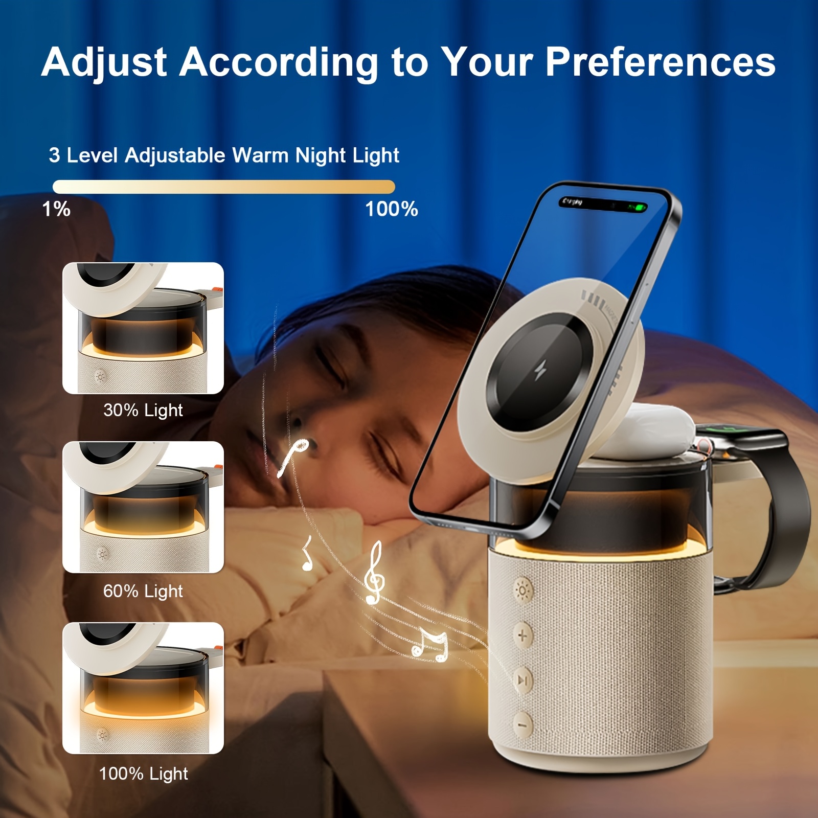 mini led light multifunctional fast wireless charger phone stand portable speaker hi fi   led night light cell phone wireless charging station for iphone 16 15 14   all series for       2 pro 3 earbuds   watch all series only Product details 0