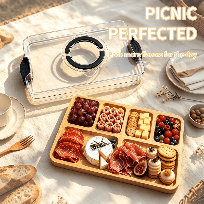 Image of 2pcs Set (bamboo Tray + Transparent Lid), Double-sided Reversible Multi-compartment Design, Built-in Portable Handle, Ideal For Family Gatherings, Picnics & Camping, Holds Fruits, Cheese And Snacks