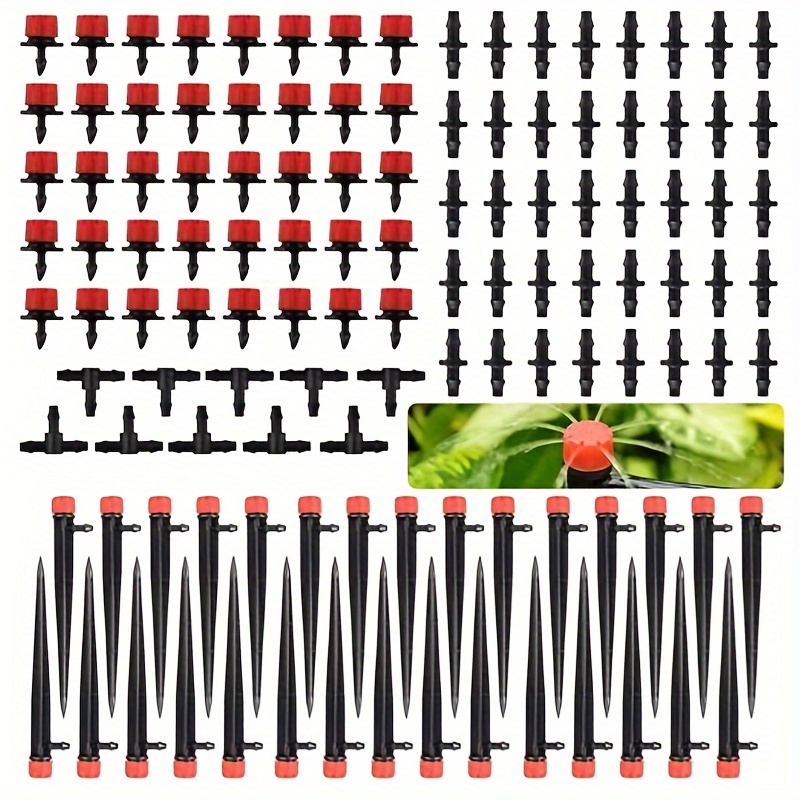 

120pcs, Adjustable Drip Irrigation Emitters, 120 Pcs Drip Irrigation Parts Kit For 1/4 Inch Tube, 360 Degree Irrigation Sprinklers With Stake & Barbed Tube Coupling & Tees For Drip Irrigation System