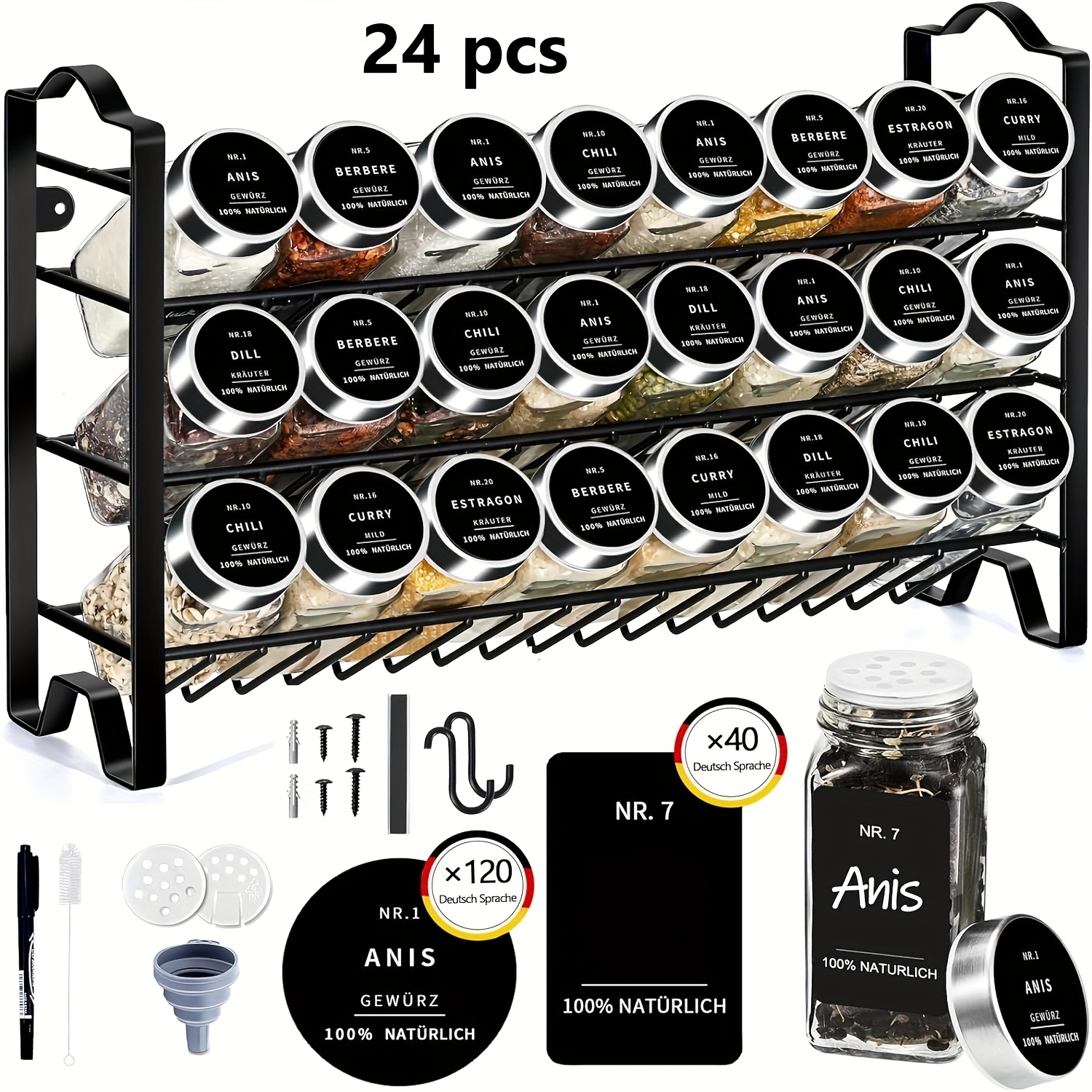 TEMU A Standing Spice Rack With Spice Jars, A 3-tier Golden Spice Rack Wall-mounted With 24 120ml Spice Bottles, Seasoning Bottles With Nozzles,