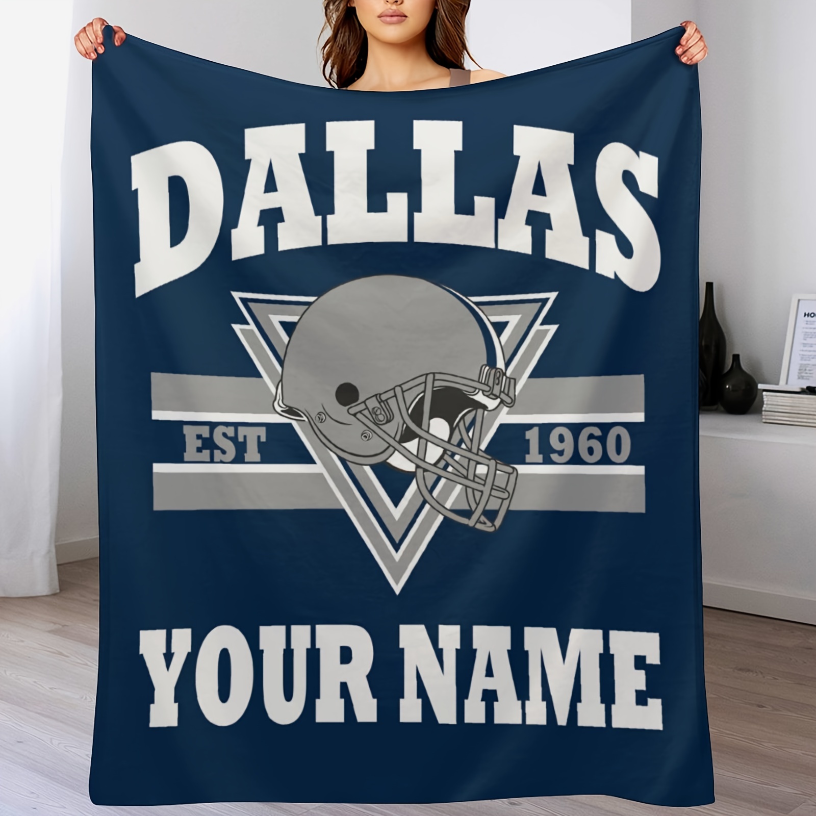 

Custom Dallas Football Team Fleece Throw Blanket - Personalized Name, Fan Gift, For Bed, Couch, Or Travel, Knit Fabric, Polyester Rectangle Blanket Without Electricity Or Battery