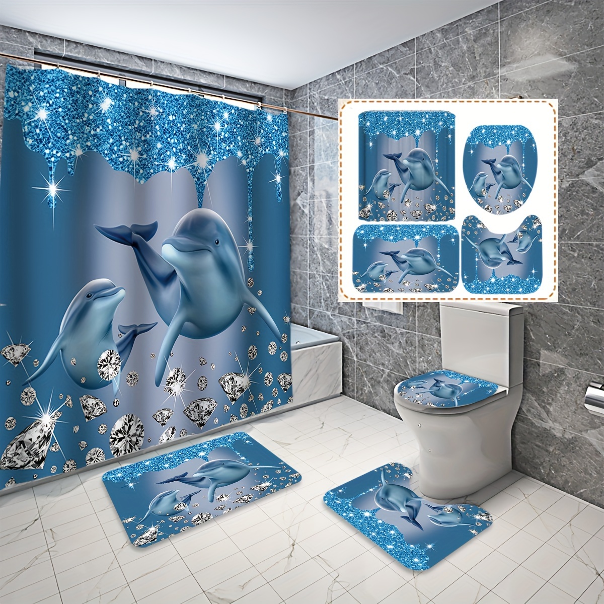

1/4pcs Diamond Dolphin Printed Shower Curtain Set, Blue Shower Curtain With Hooks, Non-slip Bath Mat, U-shaped Toilet Mat, Toilet Mat, Bathroom Decor Accessories